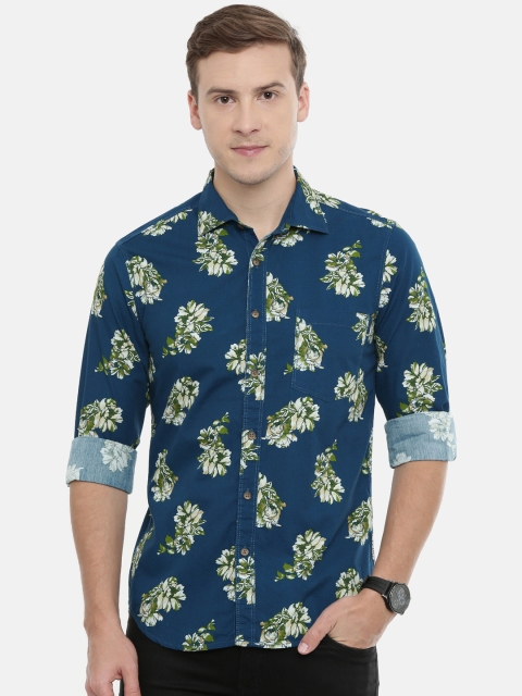 IMYOUNG Men Navy Blue & Green Slim Fit Printed Casual Shirt