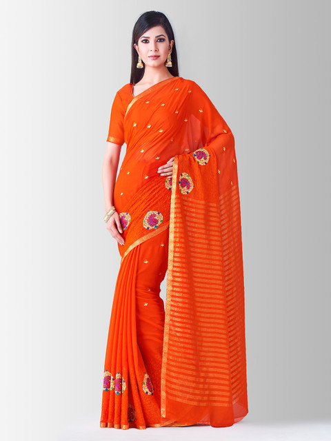 

Mitera Orange Poly Chiffon Embroidered Banarasi Saree