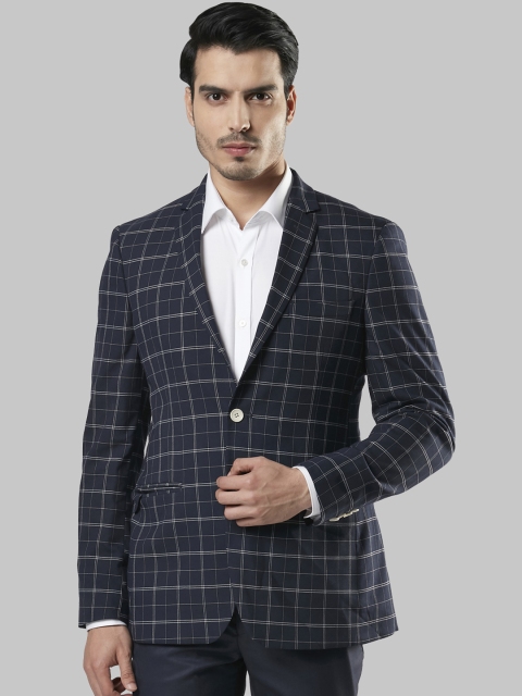 

Raymond Men Navy Blue & White Checked Slim-Fit Single-Breasted Formal Blazer