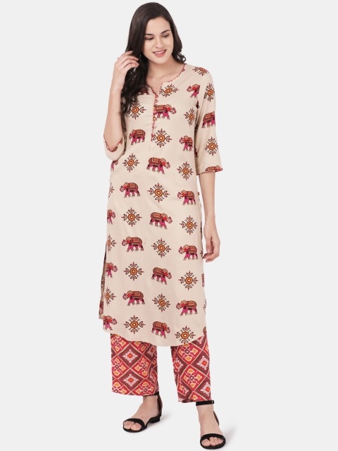 

Alena Women Beige & Red Printed Kurta with Palazzos