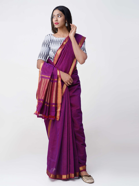 

Unnati Silks Purple Pure Cotton Solid Mangalagiri Saree