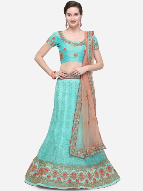 

V SALES Sea Green & Pink Embroidered Semi-Stitched Lehenga & Unstitched Blouse with Dupatta