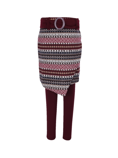 

CUTECUMBER Girls Maroon & Black Printed Wrap Knee-Length Skirt with Leggings