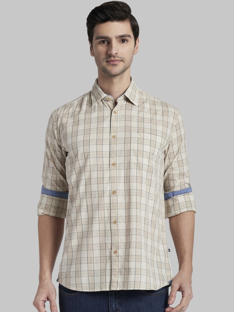 Parx Men Beige Slim Fit Checked Casual Shirt