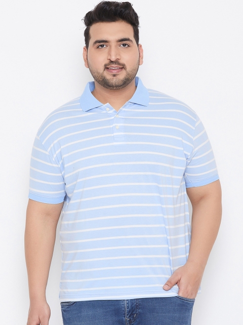 

bigbanana Plus Size Men Blue Striped Polo Collar Bio-Finish T-shirt