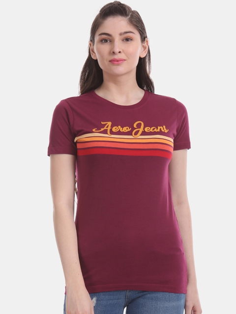 

Aeropostale Women Burgundy Printed Round Neck Slim Fit T-shirt