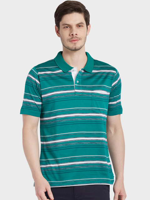 

ColorPlus Men Green & White Striped Polo Collar T-shirt