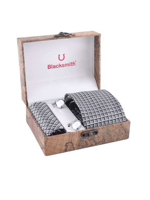 

Blacksmith Men Grey & Silver-Toned Checked Accessory Gift Set