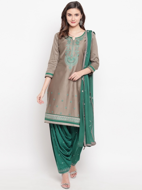 

Kvsfab Taupe & Green Embroidered Satin Unstitched Dress Material