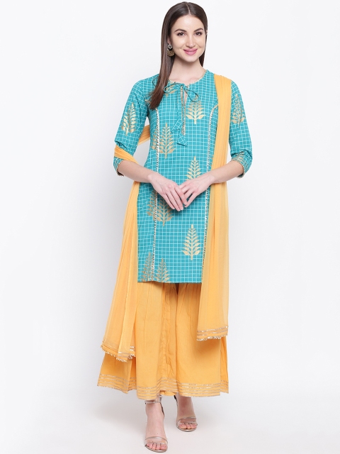 

Khushal K Women Turquoise Blue & Yellow Printed Kurta with Sharara