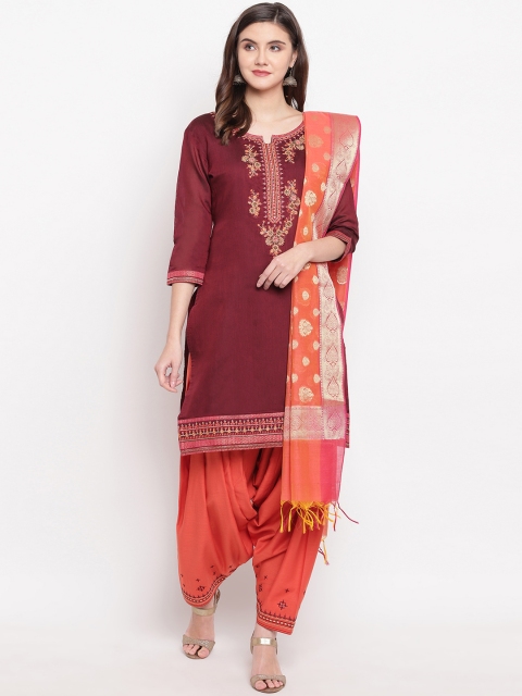 

Kvsfab Maroon & Orange Solid Unstitched With Embroidered Detail