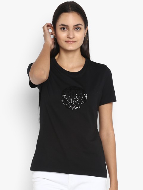 

Mode by Red Tape Women Black Printed Round Neck T-shirt