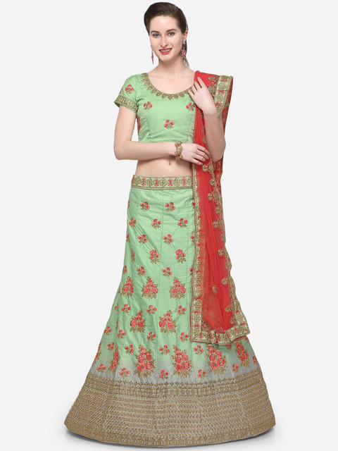 

V SALES Sea Green & Peach-Coloured Embroidered Semi-Stitched Lehenga & Unstitched Blouse with Dupatta