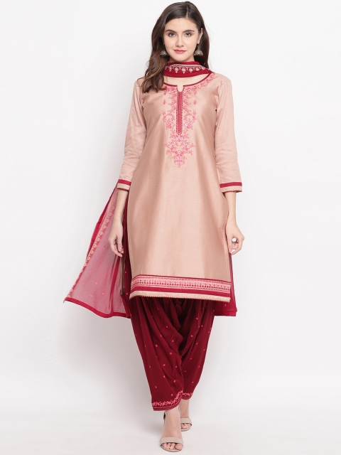 

Kvsfab Peach-Coloured & Maroon Satin Embroidered Unstitched Dress Material