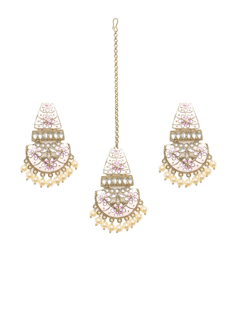 

SALWAR STUDIO Gold-Plated White & Pink Meenakari Kundan-Studded Jewellery Set