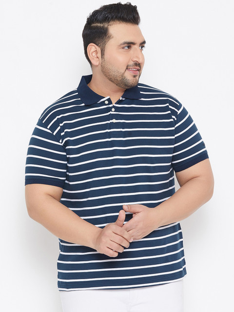 

bigbanana Plus Size Men Navy Blue White Striped Polo Collar Bio Finish Pure Cotton T-shirt