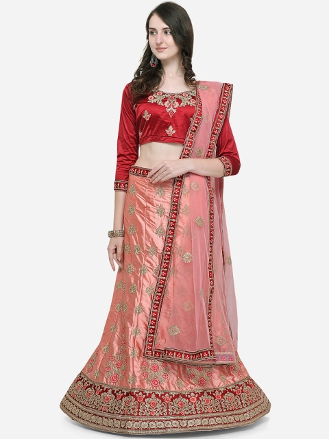 

V SALES Pink & Red Embroidered Semi-Stitched Lehenga & Unstitched Blouse with Dupatta