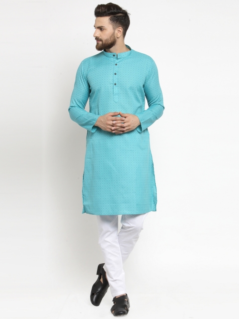 RG DESIGNERS Men Blue & White Printed Kurta with Pyjamas