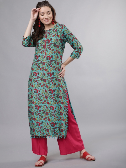 

Vishudh Women Turquoise Blue & Pink Printed Kurta with Palazzos