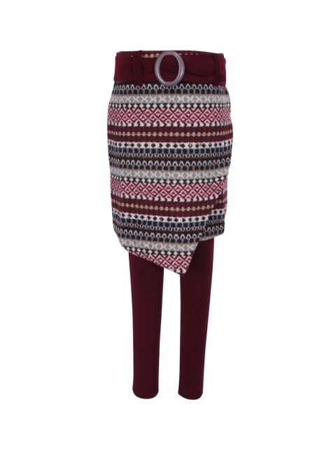 

CUTECUMBER Girls Maroon & Black Printed Wrap Knee-Length Skirt with Leggings