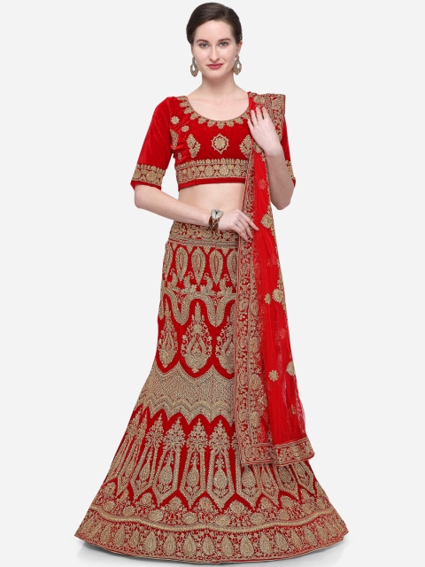 

V SALES Red & Golden Embellished Semi-Stitched Lehenga & Unstitched Blouse with Dupatta