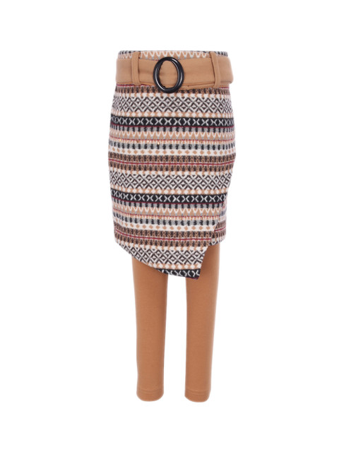 

CUTECUMBER Girls Beige & Black Printed Wrap Knee-Length Skirt with Leggings