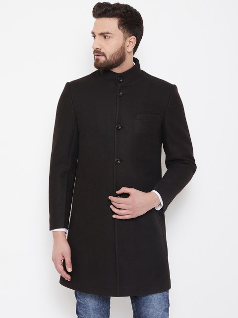 

Okane Men Black Solid Single-Breasted Hip Length Overcoat