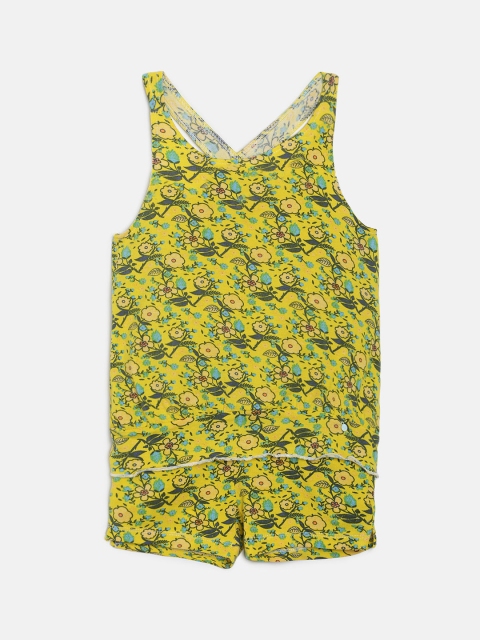 TALES & STORIES Girls Yellow & Green Printed Top with Shorts