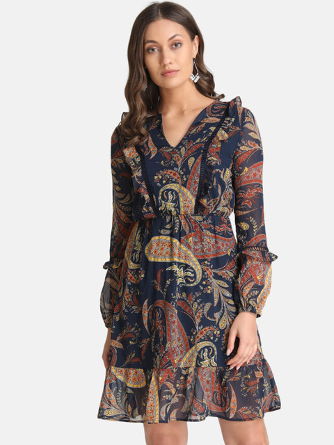

Kazo Women Navy Blue Printed Fit and Flare Dress