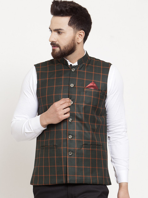 

KLOTTHE Men Green & Brown Checked Satin Nehru Jacket