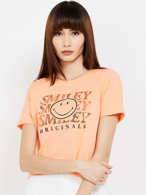 

Smiley World Women Orange Printed Round Neck T-shirt