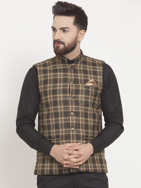 

KLOTTHE Men Brown Checked Woven Nehru Jacket