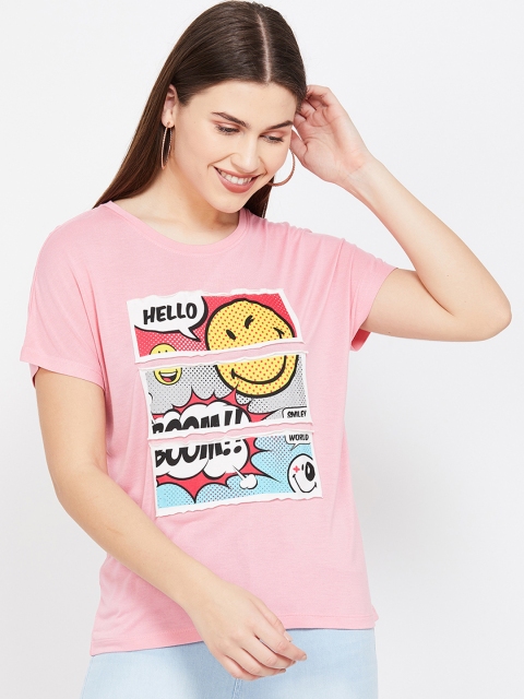 

Smiley World Women Pink Printed Round Neck T-shirt