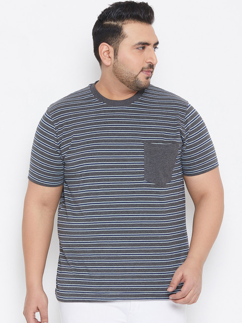

bigbanana Plus Size Men Grey White Striped Round Neck Bio-Finish T-shirt