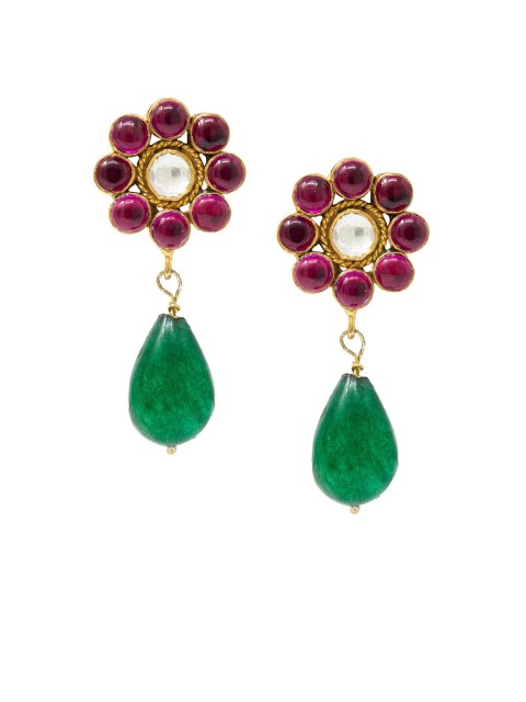 

Unniyarcha Jewellery Pink & Green Gold-Plated Silver Floral Drop Earrings