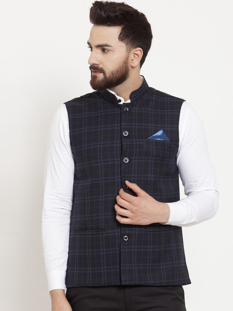 

KLOTTHE Men Black & Blue Checked Woven Nehru Jacket