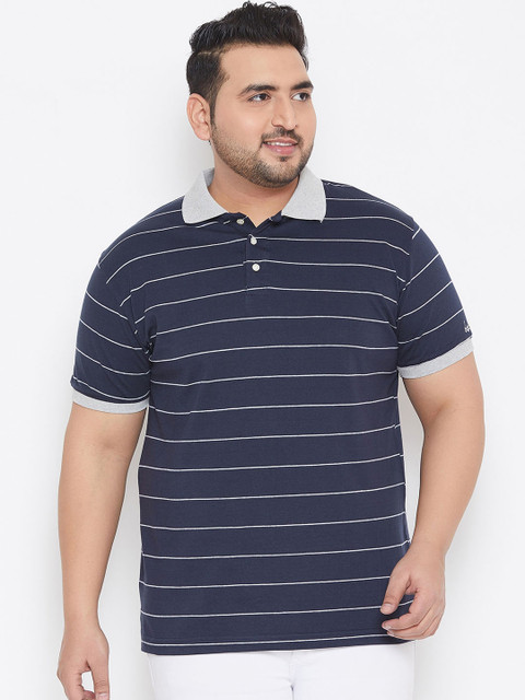 

bigbanana Plus Size Men Navy Blue Grey Striped Polo Collar Bio-Finish T-shirt