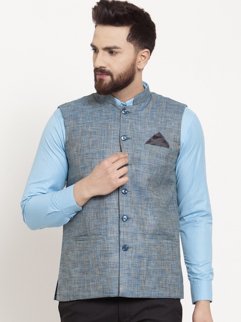 

KLOTTHE Men Blue Solid Satin Nehru Jacket