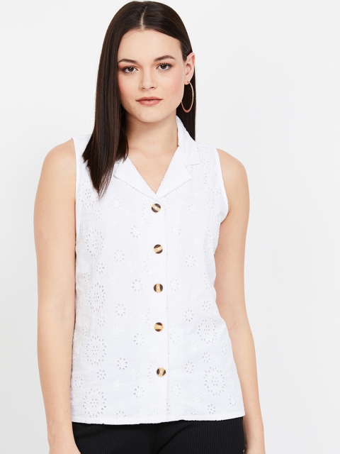 

CODE by Lifestyle Women White Self Design Shirt Style Pure Cotton Top