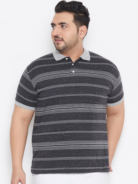 

bigbanana Plus Size Men Grey White Striped Polo Collar Bio-Finish T-shirt