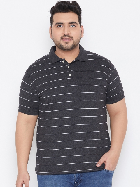 bigbanana Plus Size Men Grey White Striped Polo Collar Bio-Finish T-shirt