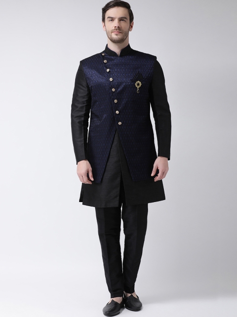 

SG RAJASAHAB Men Blue & Black Woven Design Raw Silk Sherwani