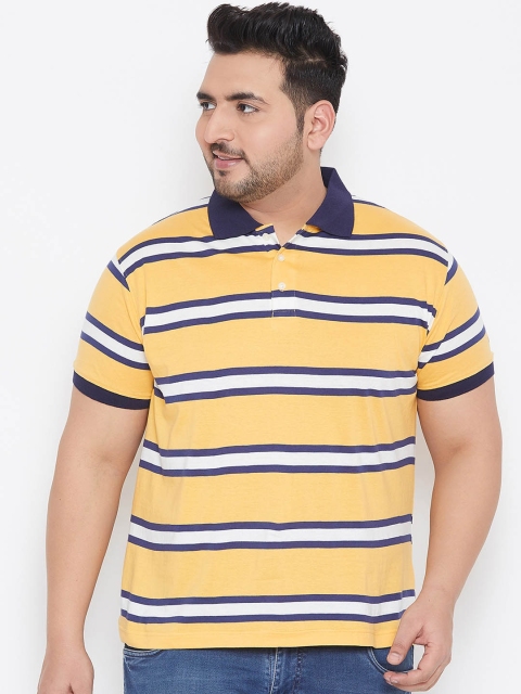 

bigbanana Plus Size Men Yellow Blue Striped Polo Collar Bio-Finish T-shirt