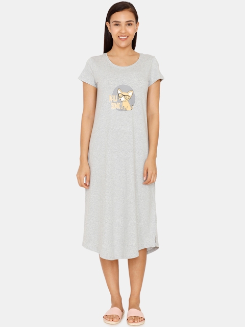 Zivame Women Grey Melange & Yellow Dog Print Pure Cotton Sleep Shirt