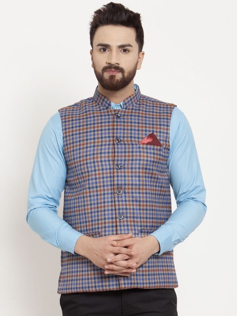 

KLOTTHE Men Blue & Brown Checked Woven Nehru Jacket