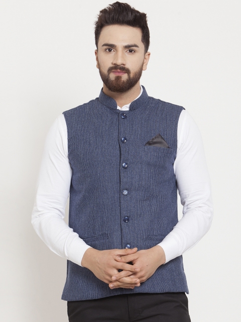 

KLOTTHE Men Blue Self Checked Nehru Jacket