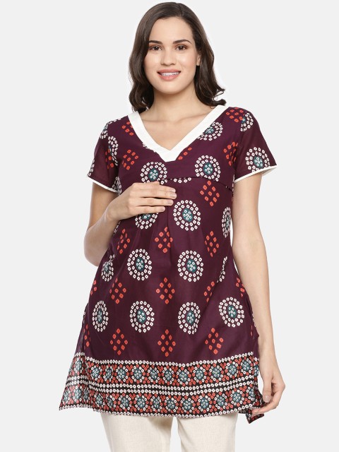 

GOLDSTORMS Women Purple & White Printed Maternity Kurti