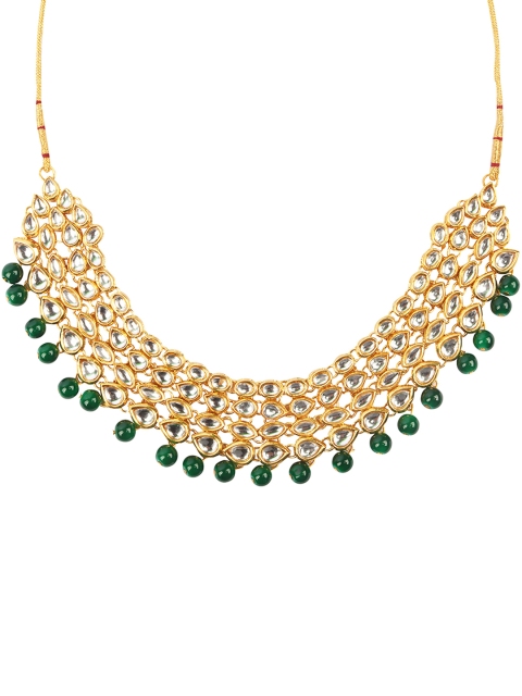 

Fabstreet Gold-Plated Green & White Kundan Studded Beaded Meenakari Jewellery Set