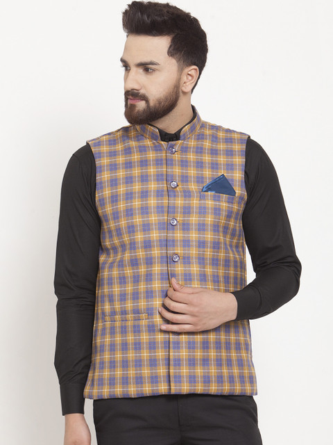 

KLOTTHE Men Brown & Blue Checked Nehru Jacket, Multi
