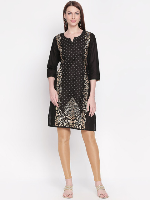 

ZRI Women Black & Gold-Toned Printed A-Line Kurta